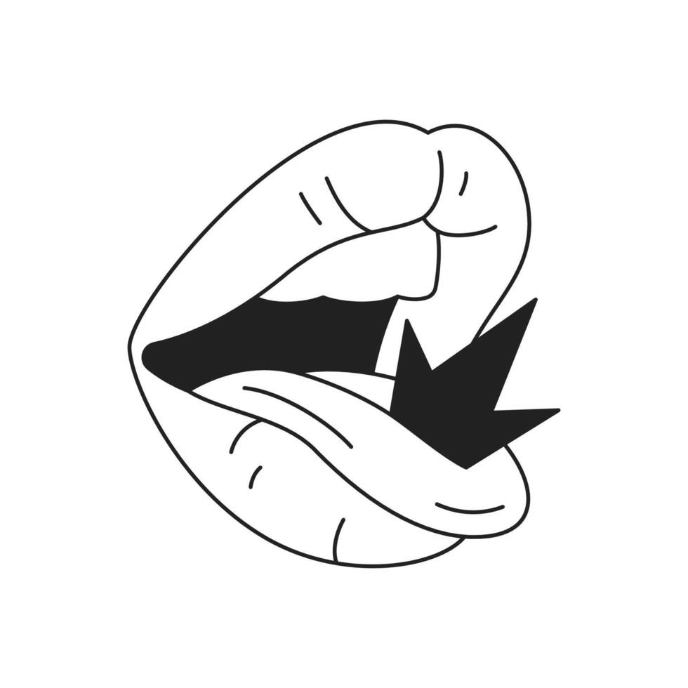Y2k psychedelic woman open mouth with crown on tongue outline icon flat illustration vector