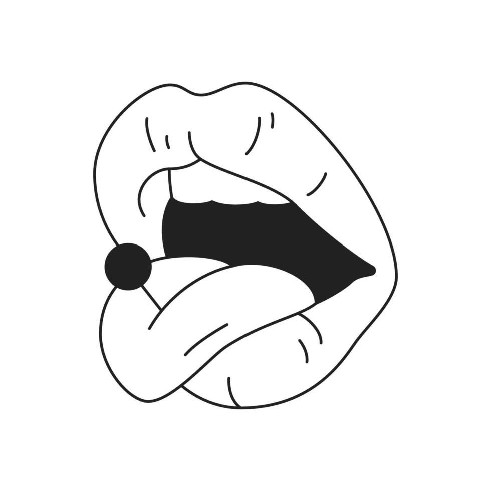 Y2k glamour sexy female lips with pin needle in tongue outline black icon flat illustration vector