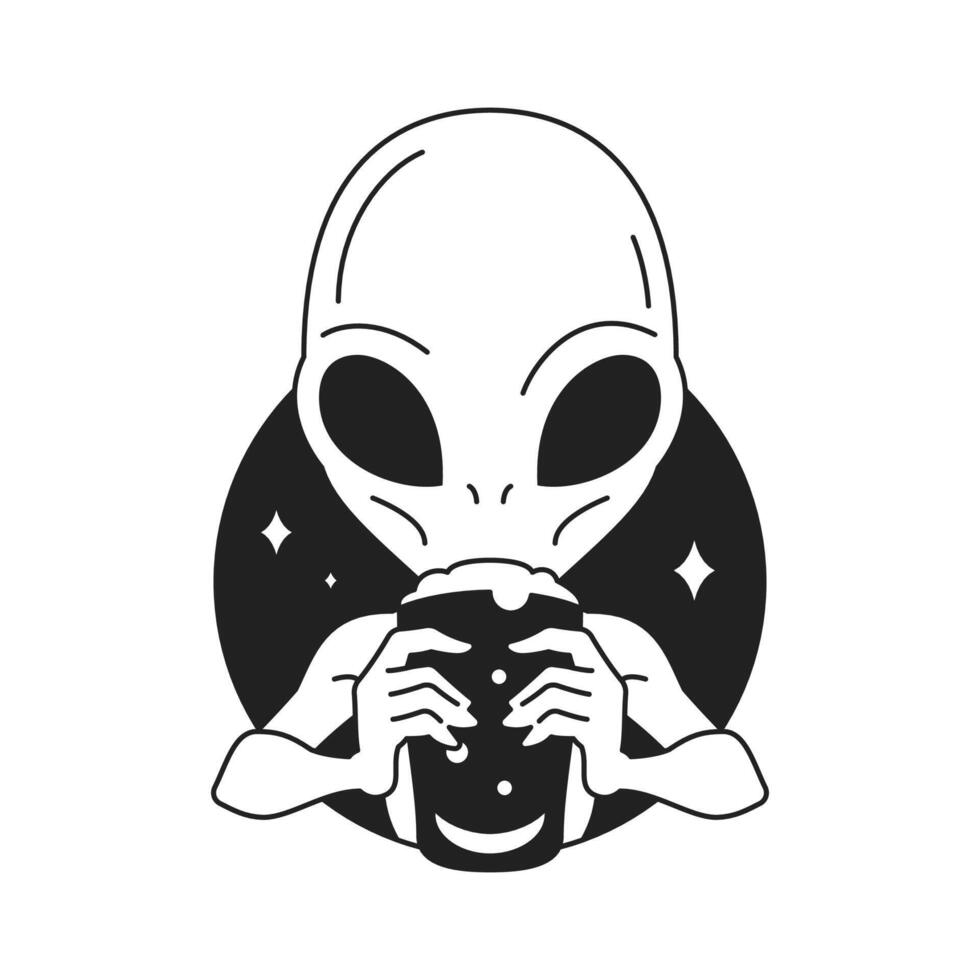 Y2k alien with popcorn science fiction comic contemporary artwork outline icon flat vector