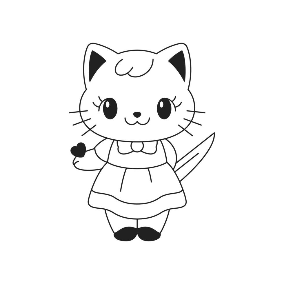 Y2k neo gothic emo Kawaii baby cat with knife and heart outline black icon flat vector