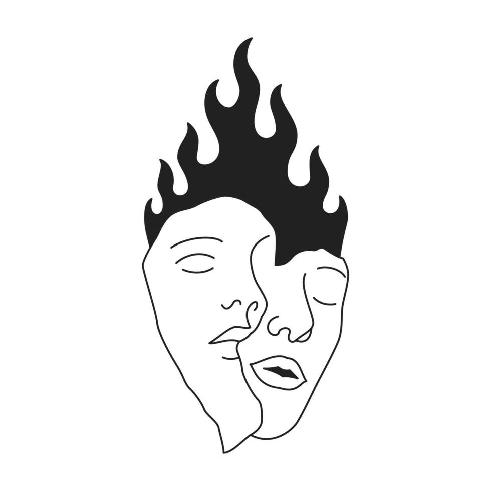 Y2k abstract heart man woman half face flame neo gothic outline icon flat illustration vector
