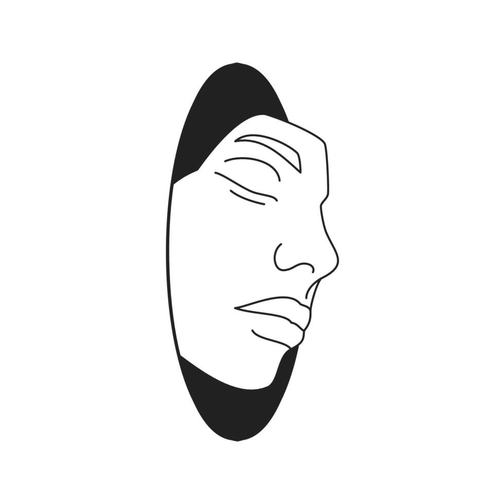 Weird human face mask out of black hole Y2k comic monochrome outline icon flat illustration vector