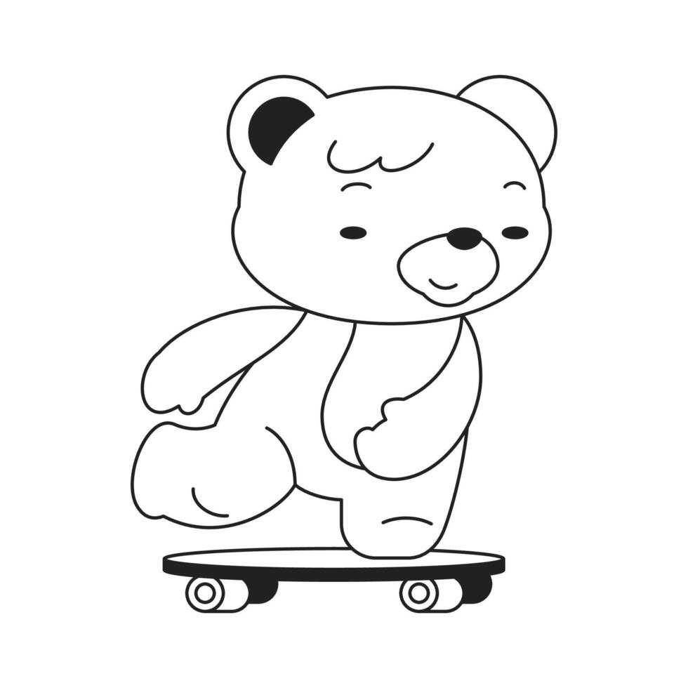 Y2k Kawaii bear toy riding on skateboard neo gothic outline black icon flat illustration vector