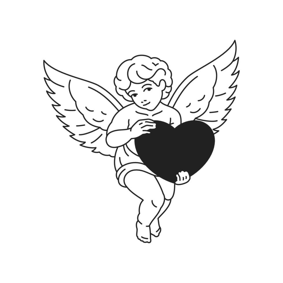 Glam winged Cupid angel baby boy flying with heart Y2k retro black line icon flat vector