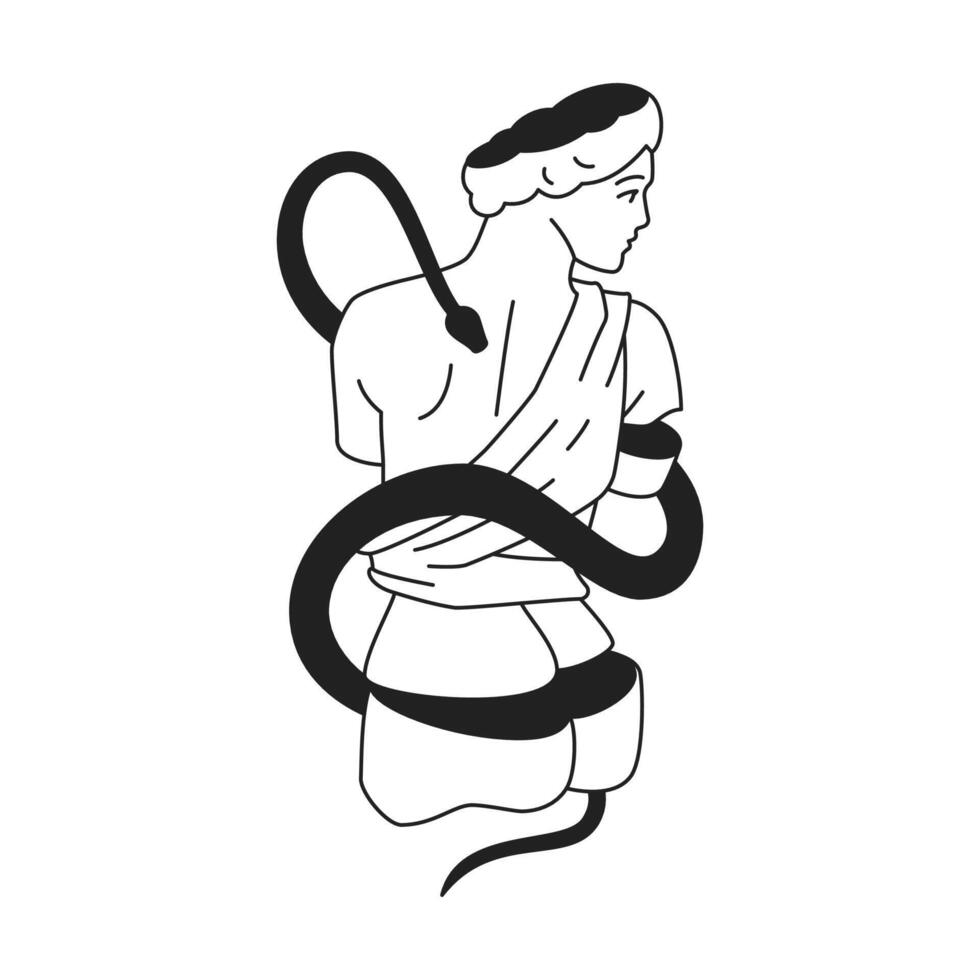 Y2k Greek antique goddess god statue section with snake pop art outline icon flat vector