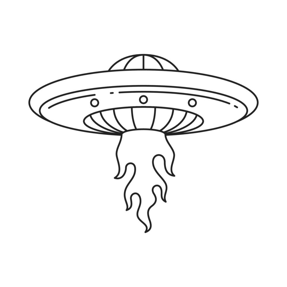 Y2k alien spaceship saucer launch with burning flame pop art outline icon illustration vector