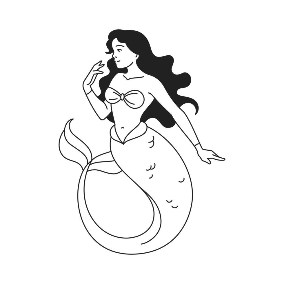 Y2k mermaid brunette beautiful legend character with fish tail outline icon flat vector