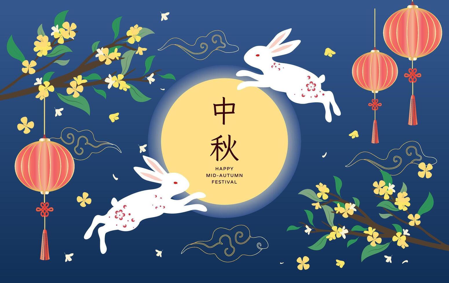 Mid Autumn Festival rabbit with moon on blue banner design vector