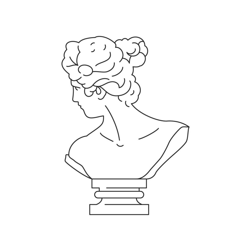 Y2k antique Greek goddess gypsum bust psychedelic contemporary pop art outline icon vector