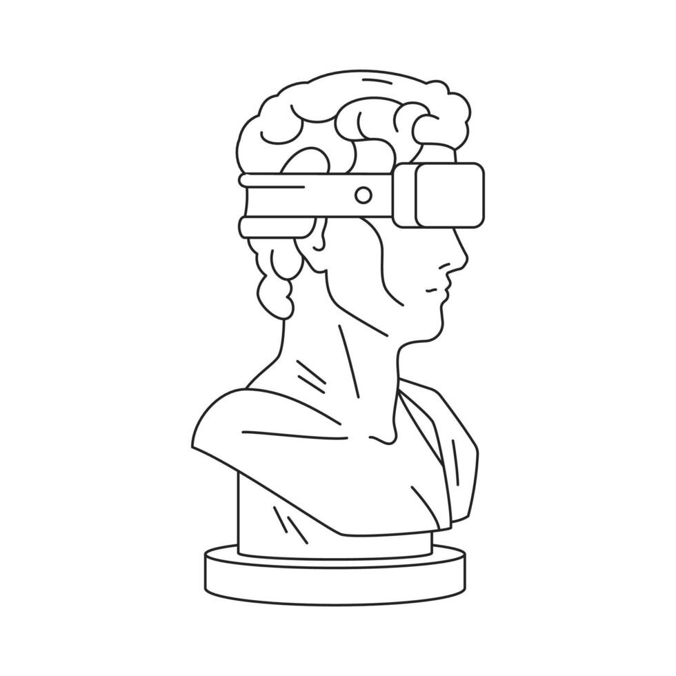 Y2k psychedelic Greek god bust in VR goggles contemporary pop art outline icon illustration vector