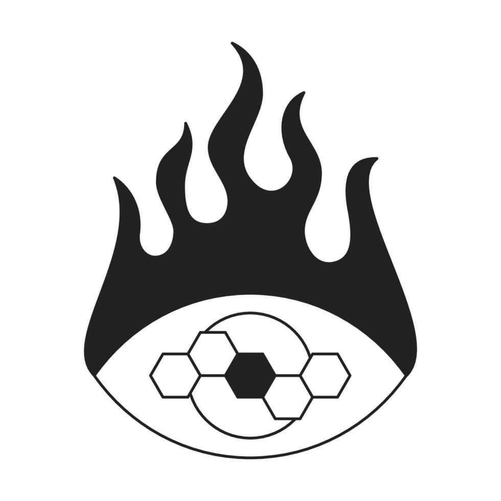 Y2k mystic all seeing eye sacred geometry tattoo with burning flame outline icon flat vector