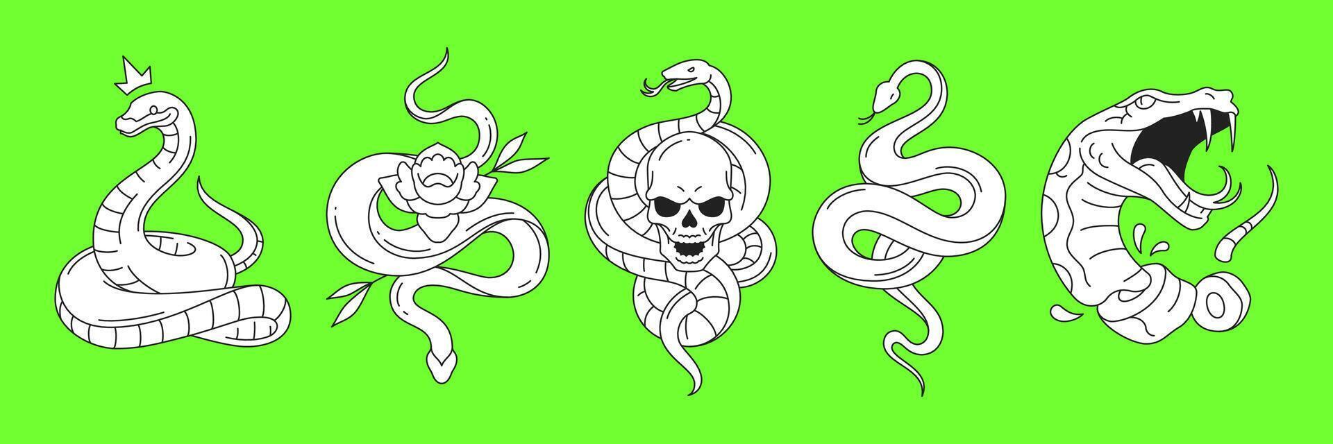 Y2k psychedelic snakes with skull flower crown neo gothic outline icon set flat vector