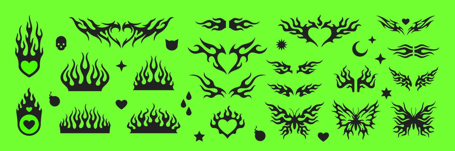 Y2k trendy black fire flames burning shapes illustrations set vector