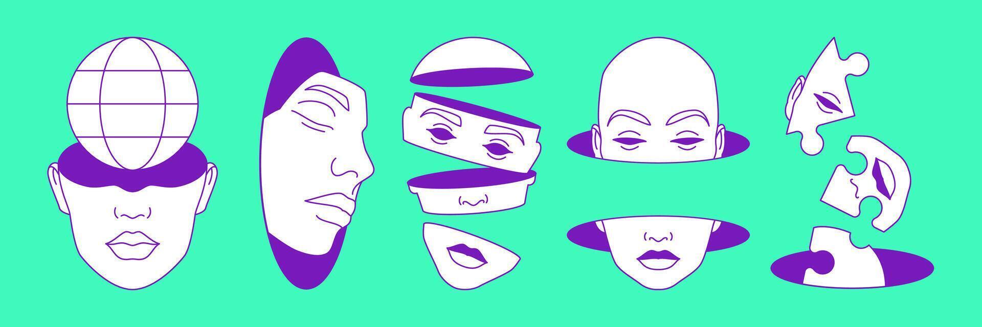 Y2k futuristic human heads section psychedelic blue illustrations set vector