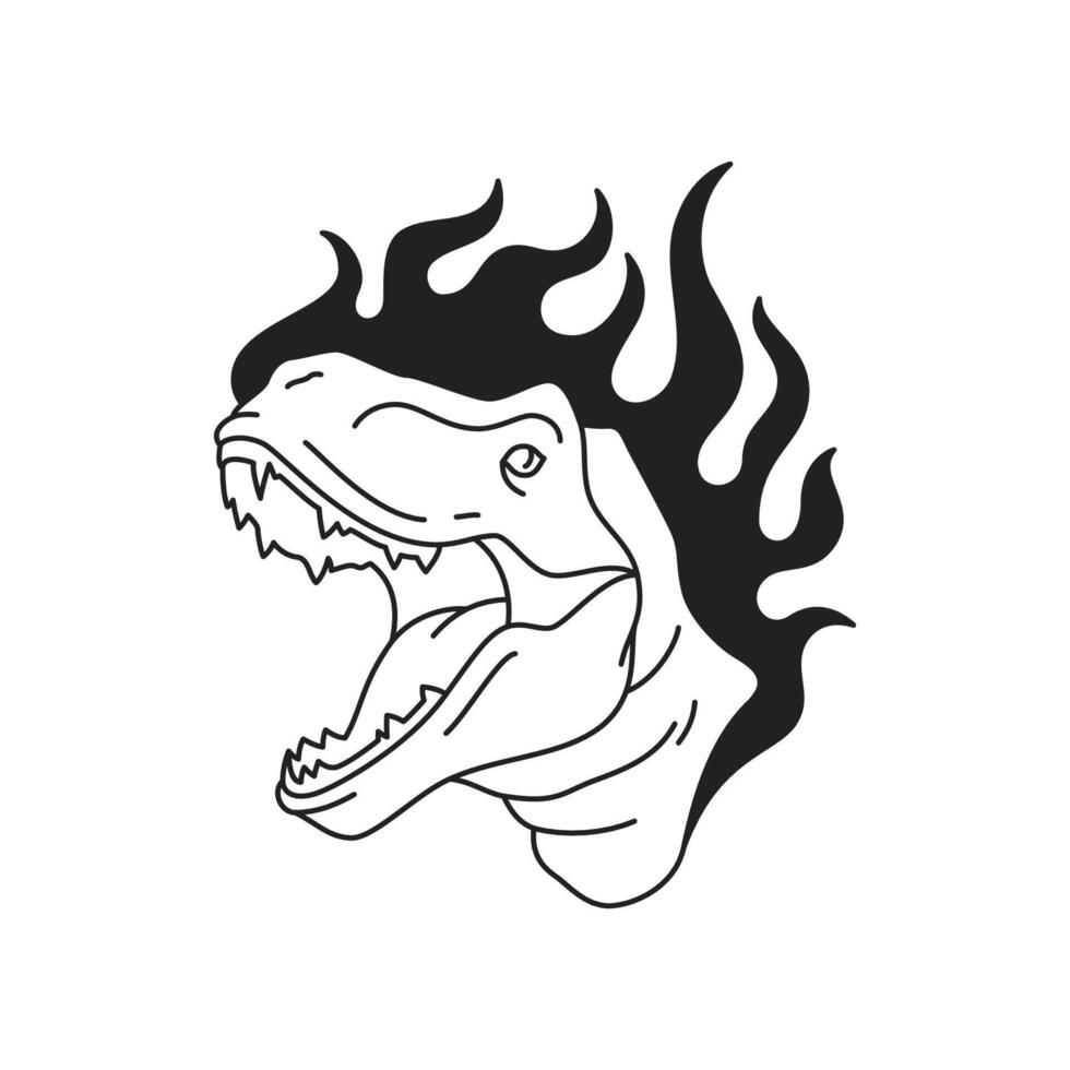 Y2k roaring dinosaur with burning flame black tattoo outline icon flat illustration vector