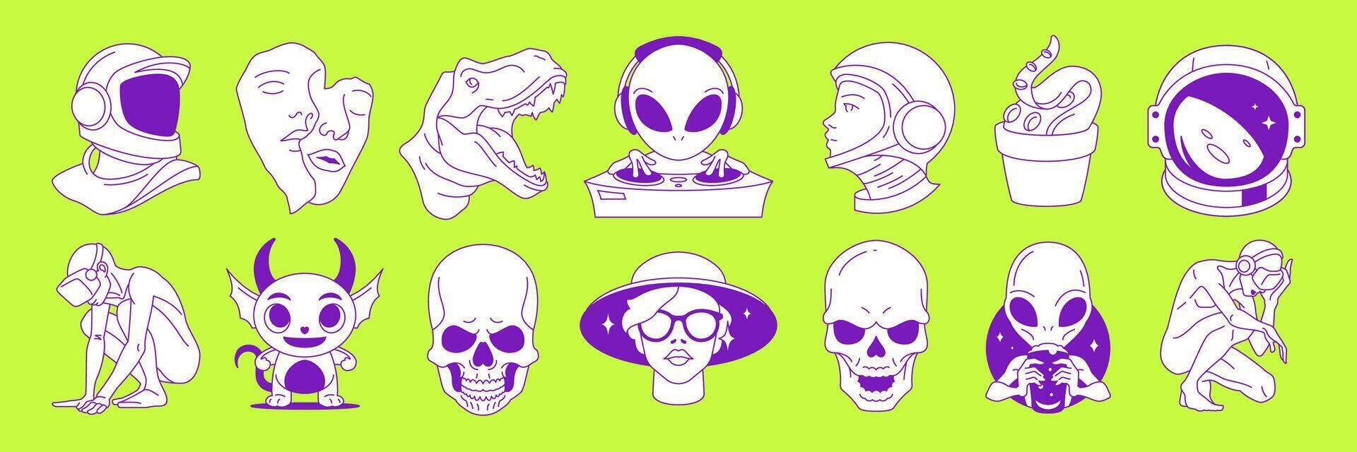 Y2k trendy pop art science fiction futuristic contemporary tattoos illustrations set vector