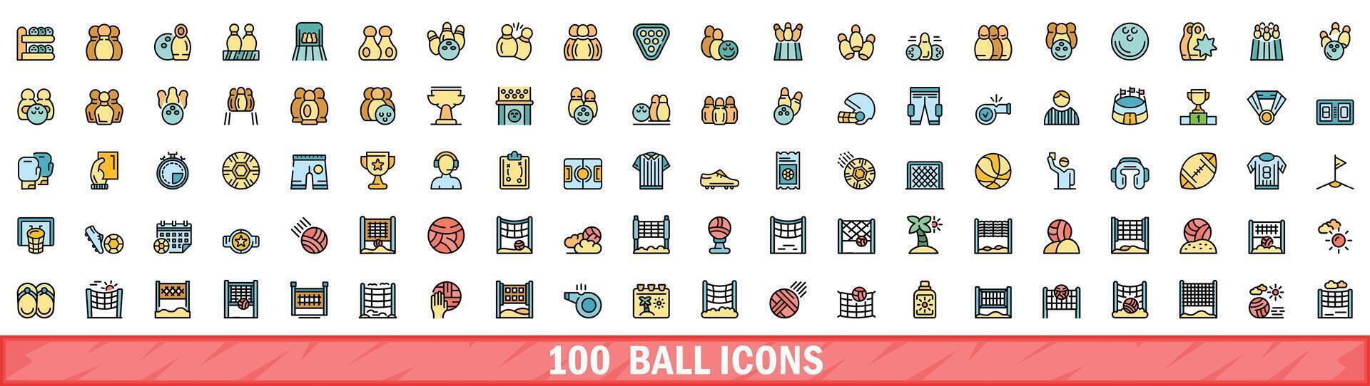 100 ball icons set, color line style vector