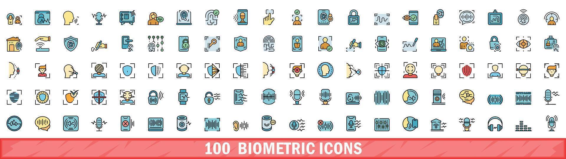 100 biometric icons set, color line style vector
