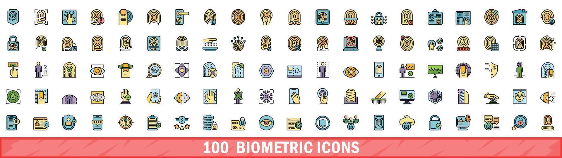 100 biometric icons set, color line style vector