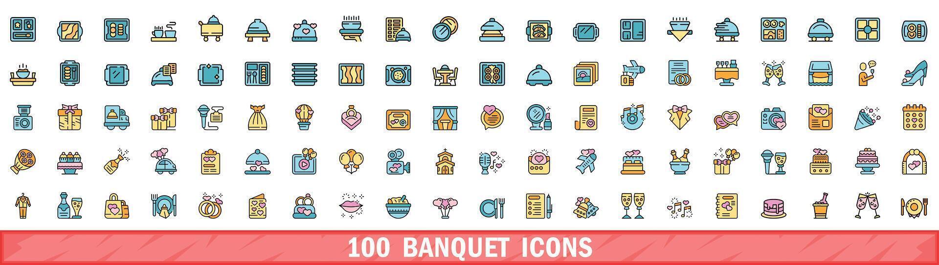100 banquet icons set, color line style vector