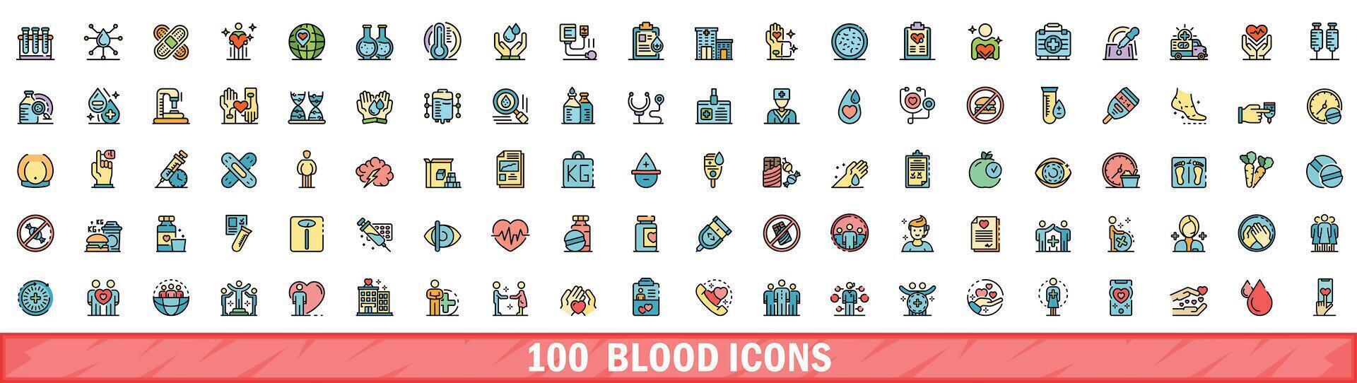 100 blood icons set, color line style vector