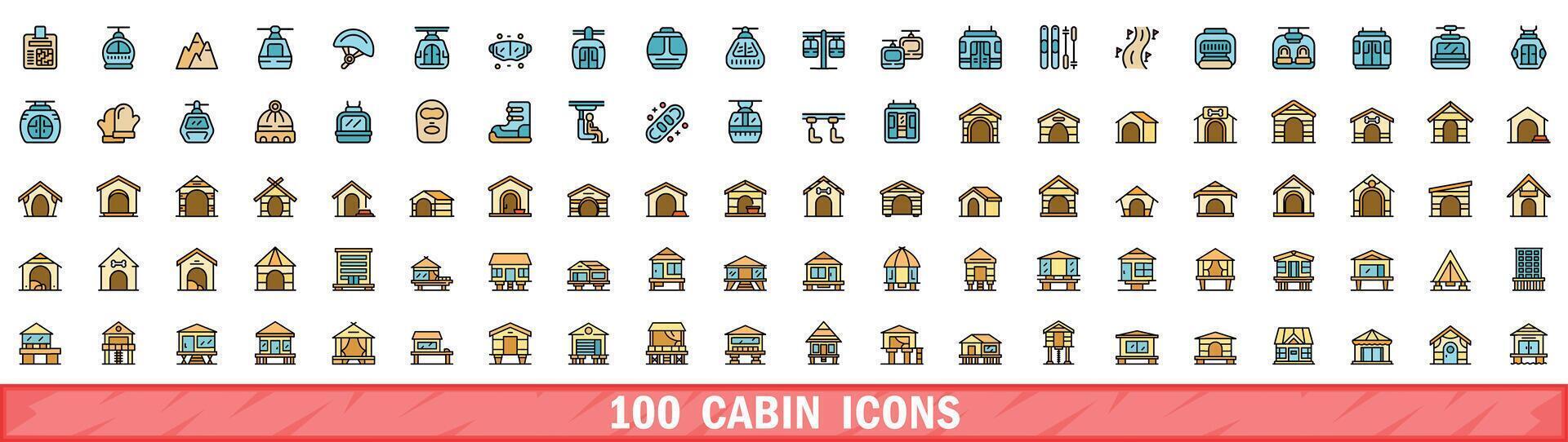 100 cabin icons set, color line style vector