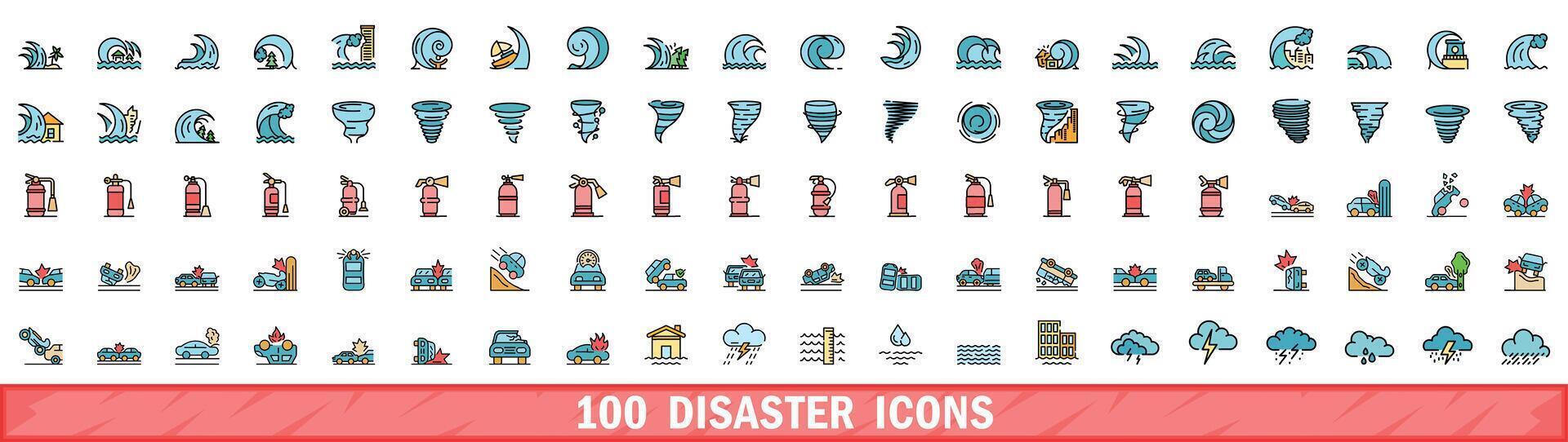 100 disaster icons set, color line style vector
