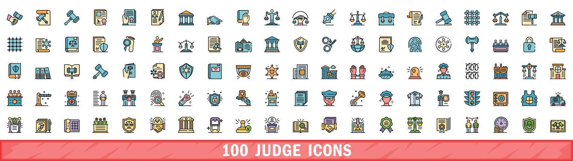 100 judge icons set, color line style vector