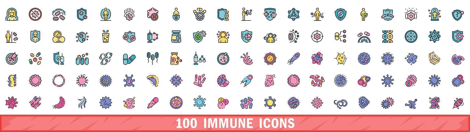 100 immune icons set, color line style vector