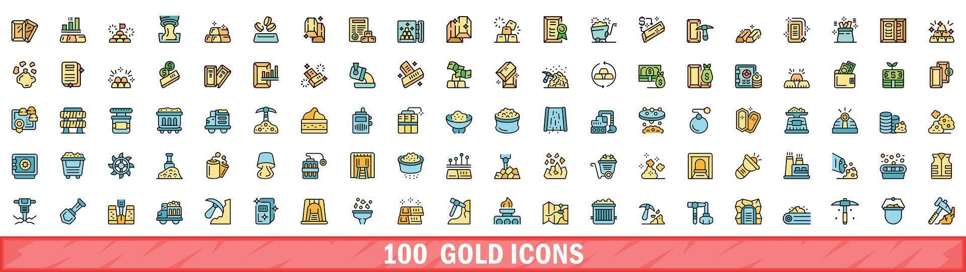 100 gold icons set, color line style vector