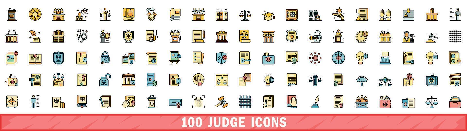 100 judge icons set, color line style vector