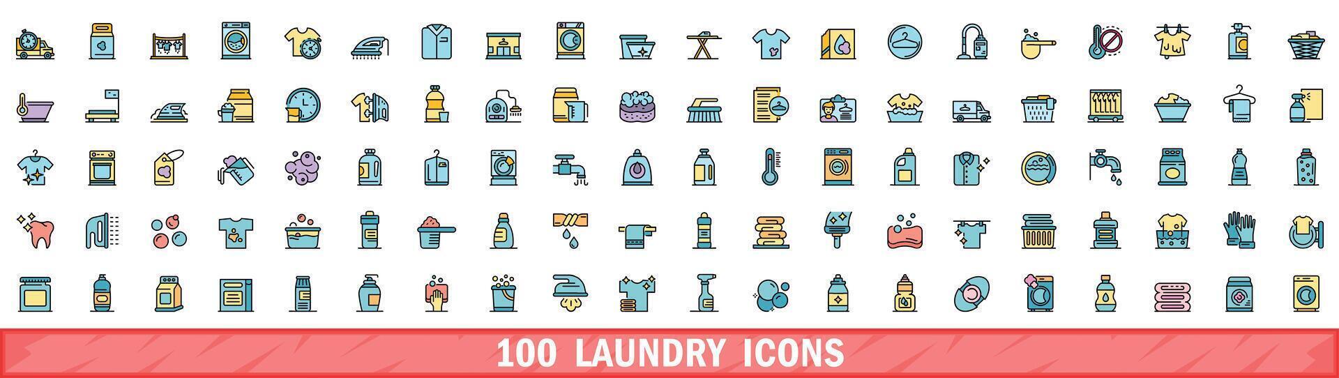 100 laundry icons set, color line style vector