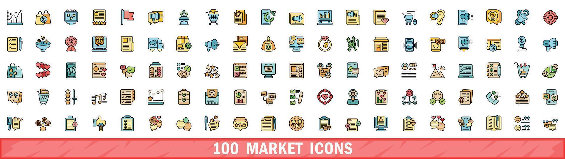 100 market icons set, color line style vector