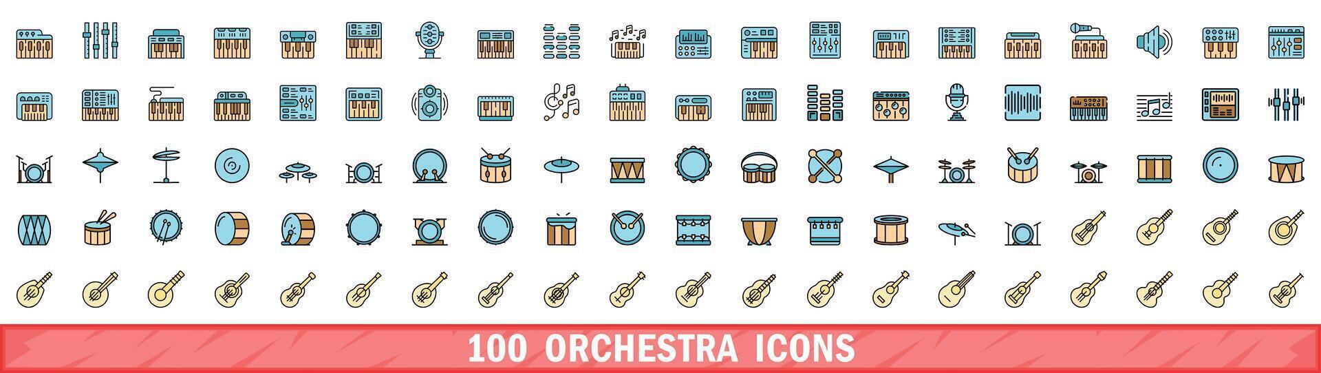 100 orchestra icons set, color line style vector