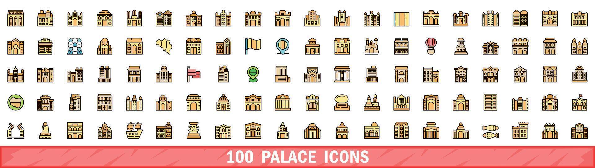 100 palace icons set, color line style vector