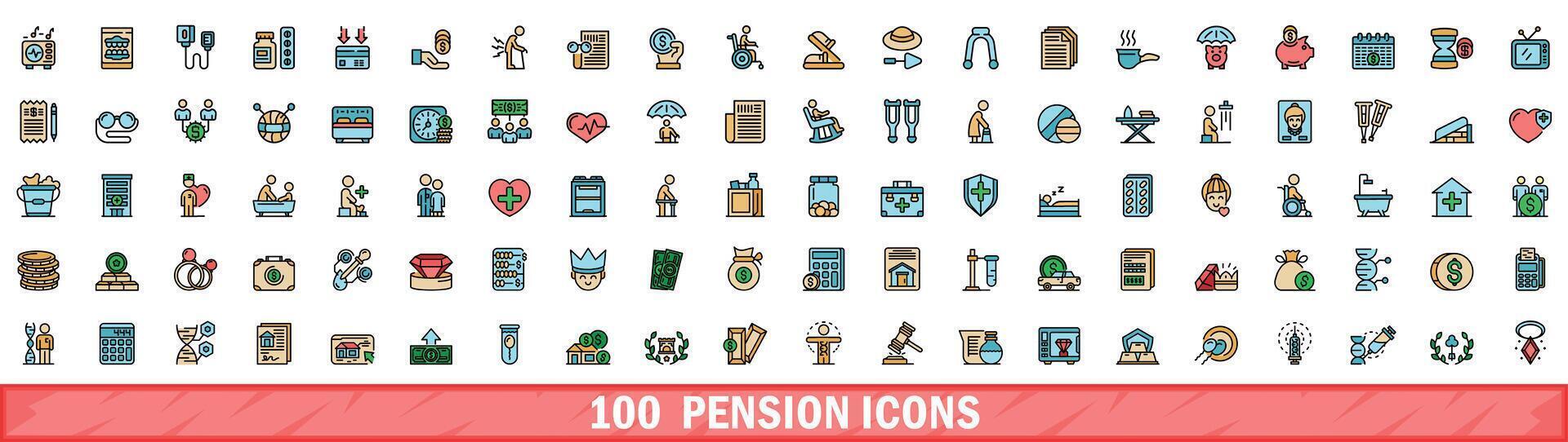 100 pension icons set, color line style vector