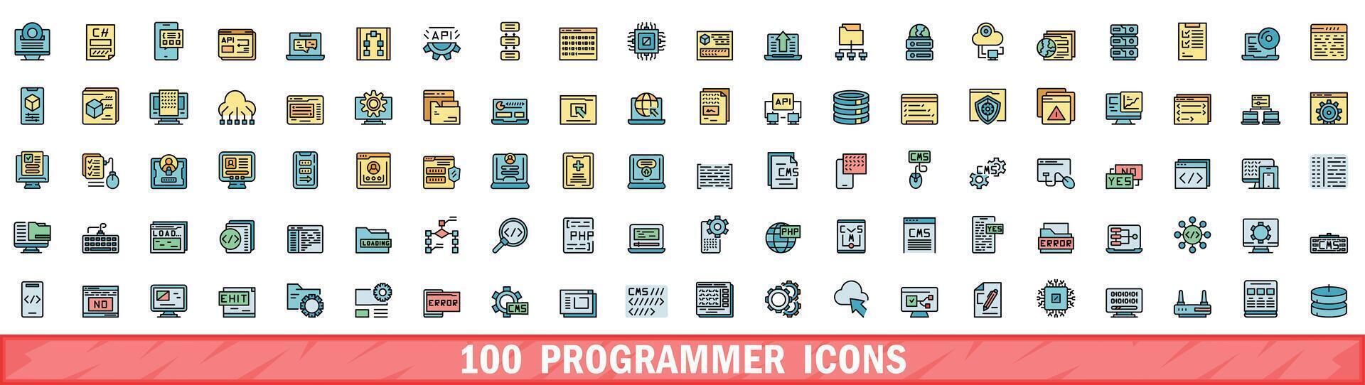 100 programmer icons set, color line style vector