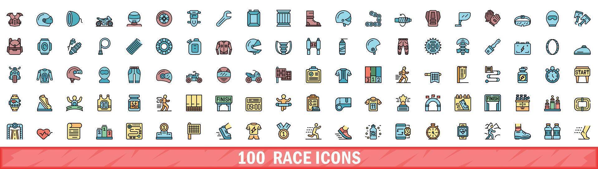 100 race icons set, color line style vector