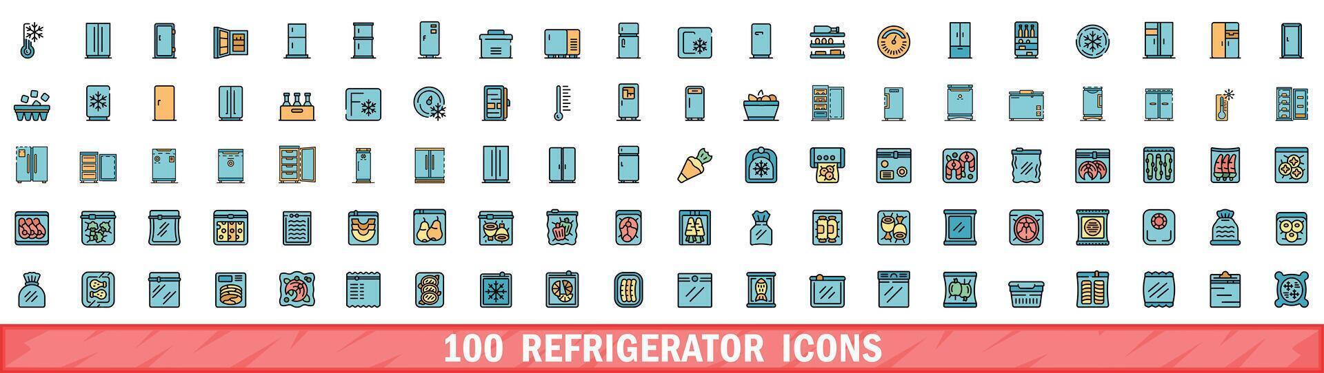 100 refrigerator icons set, color line style vector