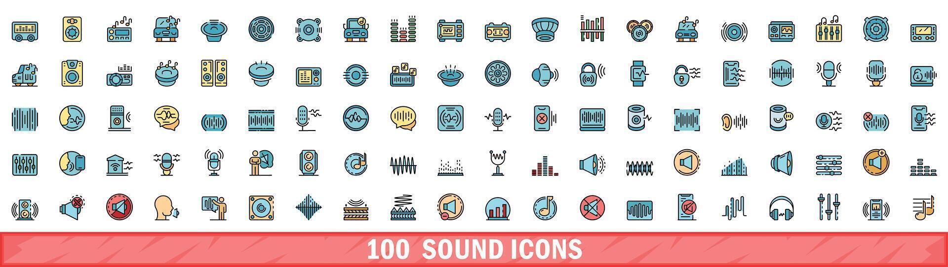100 sound icons set, color line style vector