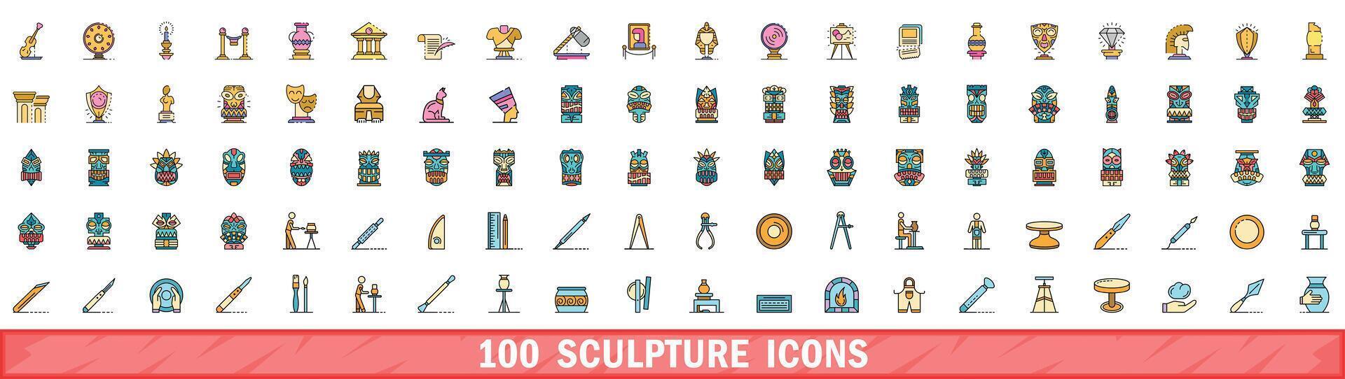 100 sculpture icons set, color line style vector