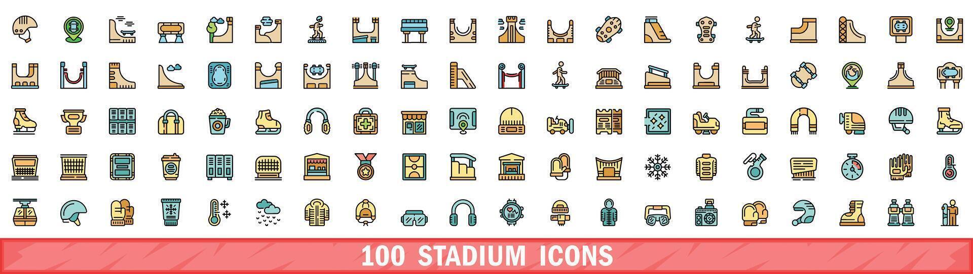 100 stadium icons set, color line style vector