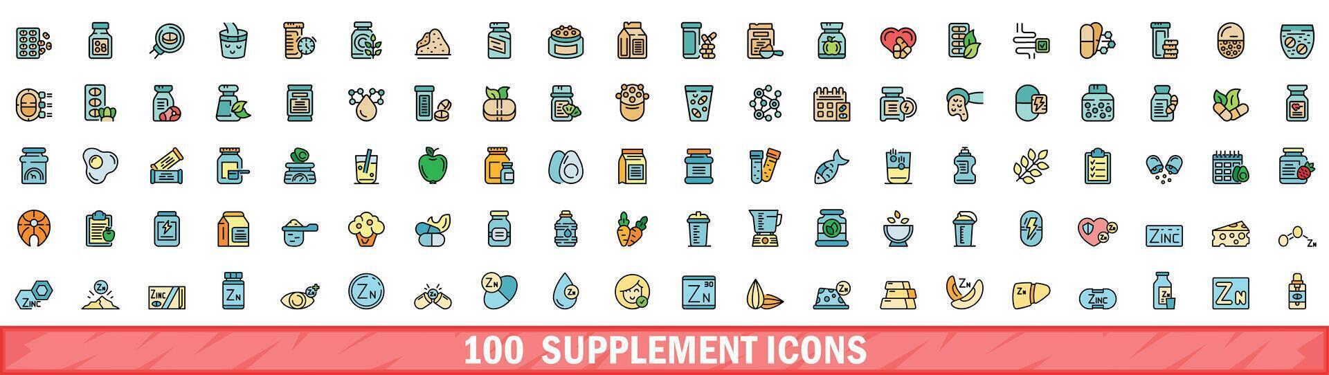 100 supplement icons set, color line style vector
