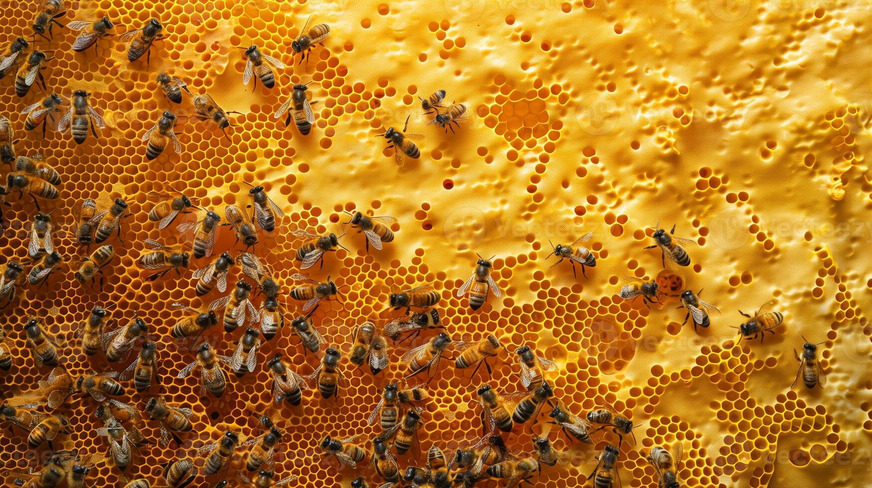 Closeup of a group of bees standing on a honeycomb filled with tempting honey photo
