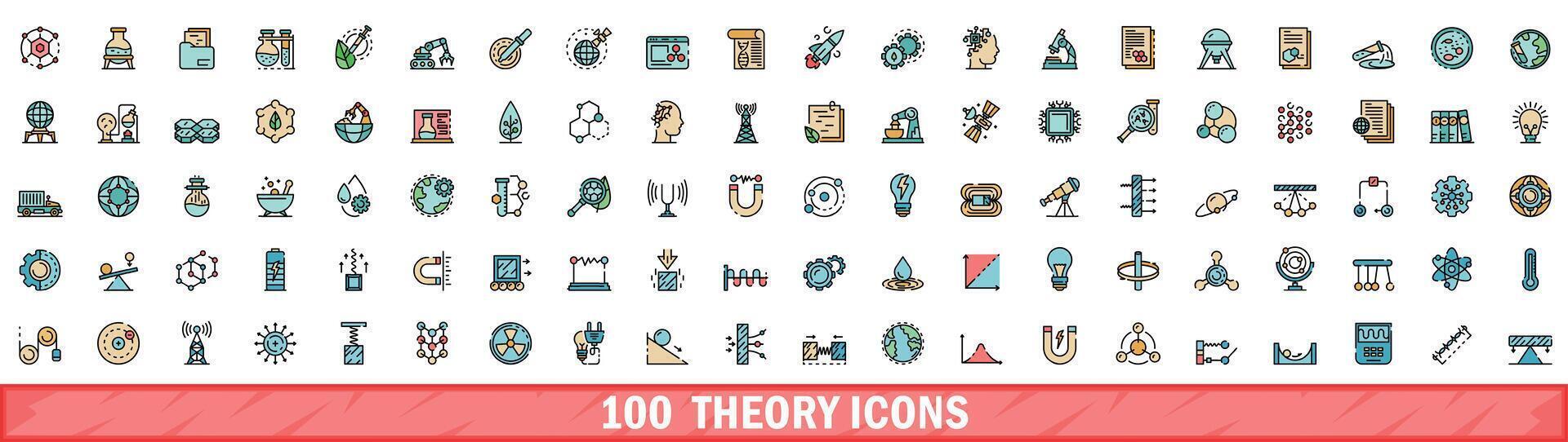 100 theory icons set, color line style vector
