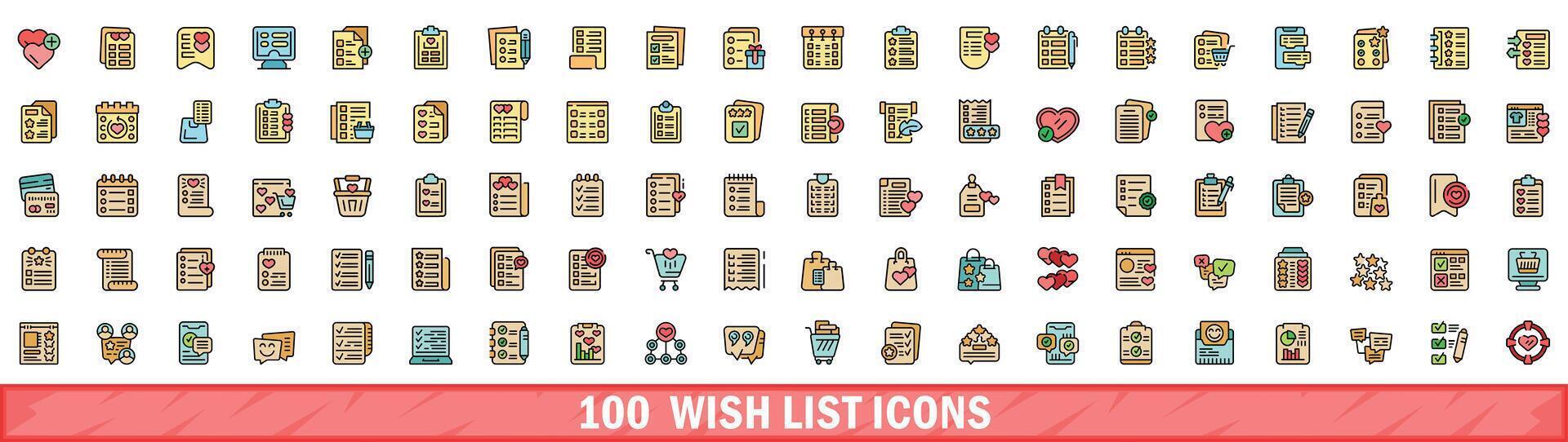 100 wish list icons set, color line style vector