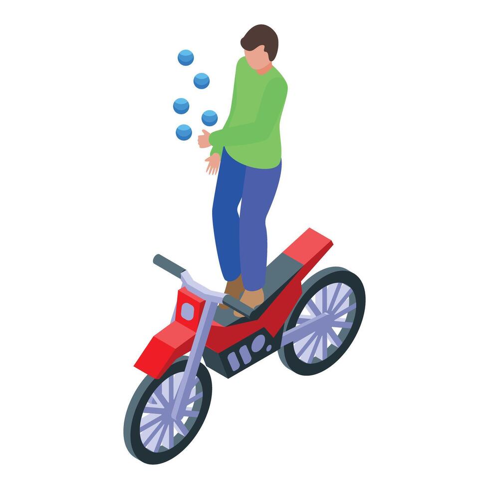Circus artist balancing on motorcycle and juggling balls isometric icon vector