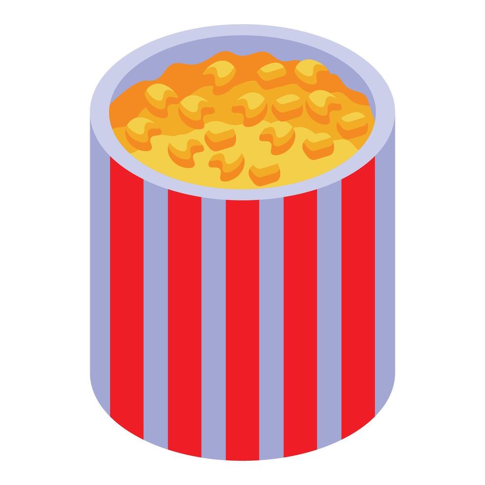 Popcorn bucket filled with tasty buttery popcorn is standing on white background vector