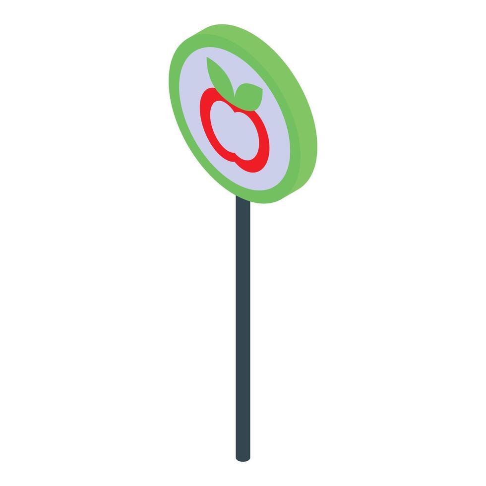 Green round sign showing red apple with leaf on pole isometric view vector