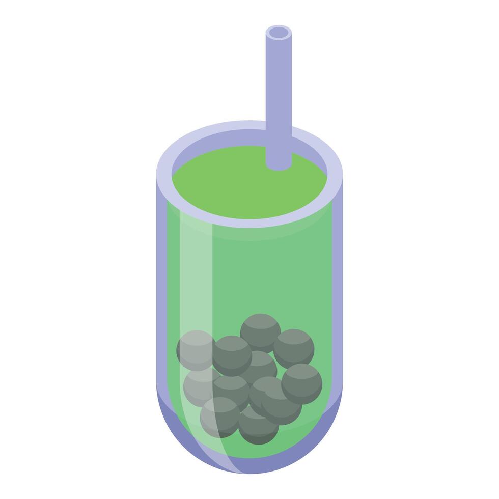 Green bubble tea with tapioca pearls in glass with straw isometric view vector